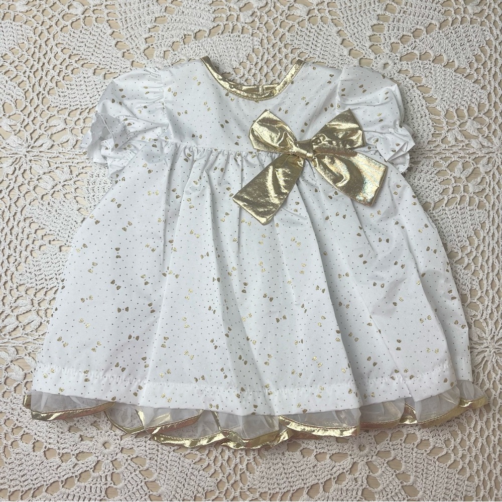 Vintage 1980s Jill Lynn Baby Girl 18 Months Glittery Gold Bows Fancy Party Dess